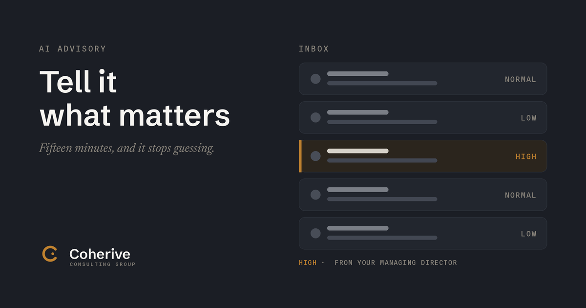 An inbox sorted into priority bands, with the one message that matters marked high in amber.