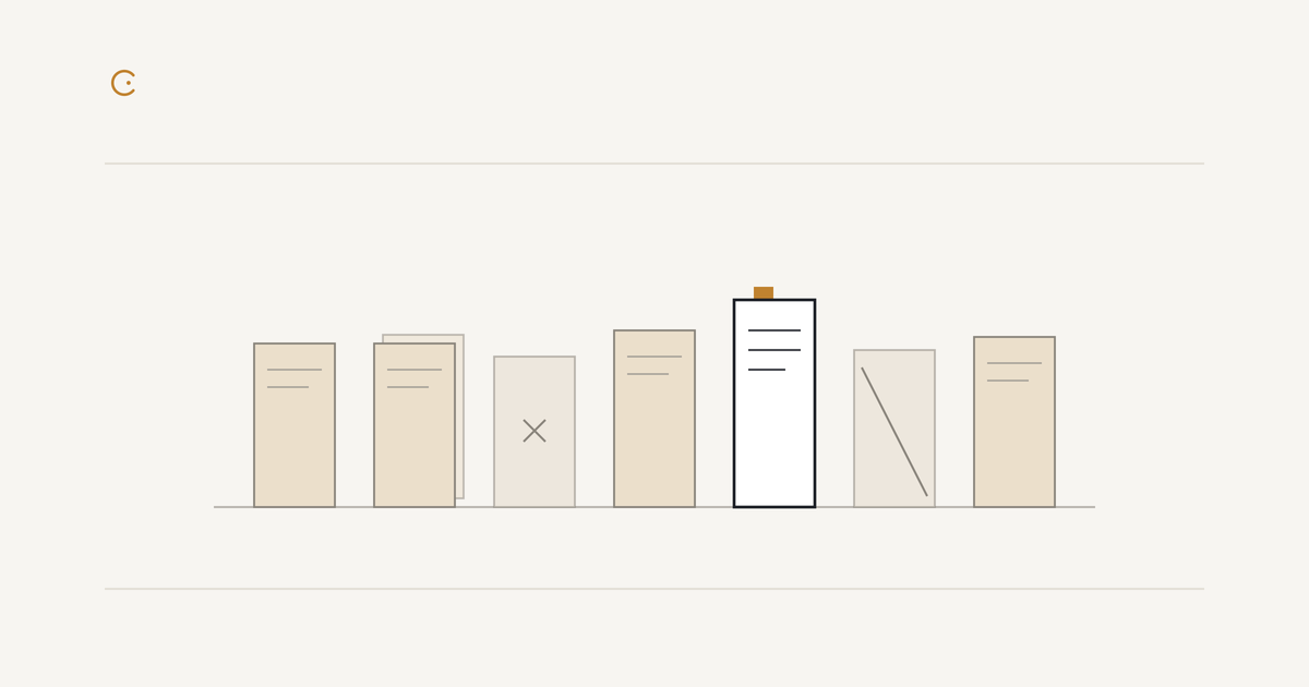 A row of documents on a shelf. Live files are warm, duplicates and retired files are muted, and one stands taller in white with an ink outline and a single amber tab: the one source of truth.
