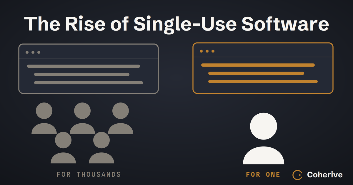 The Rise of Single-Use Software. Left: a software window above a crowd, labeled For Thousands. Right: one amber software window above a single person, labeled For One.