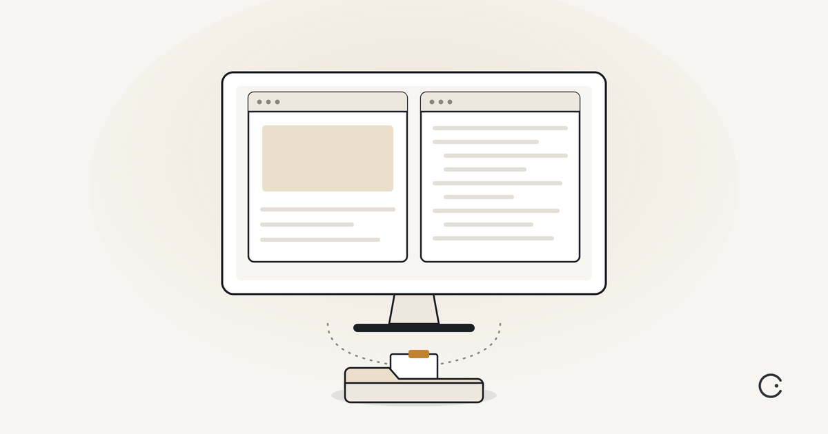 Illustration of a single monitor showing two app windows side by side, the left one a design layout and the right one denser code, both writing down into one shared folder with a single amber file tab. No line runs between the two windows.